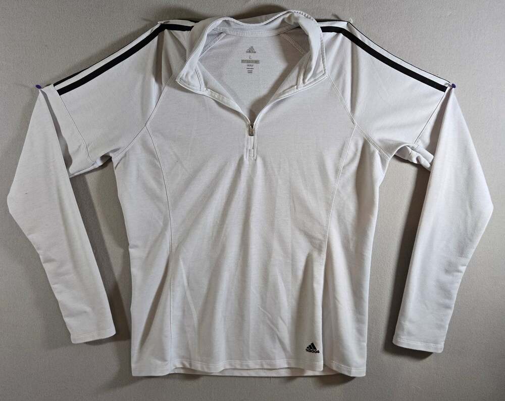 Adidas Golf Womens Large White Black Stripe 1/4 Zip Long Sleeve Pullover